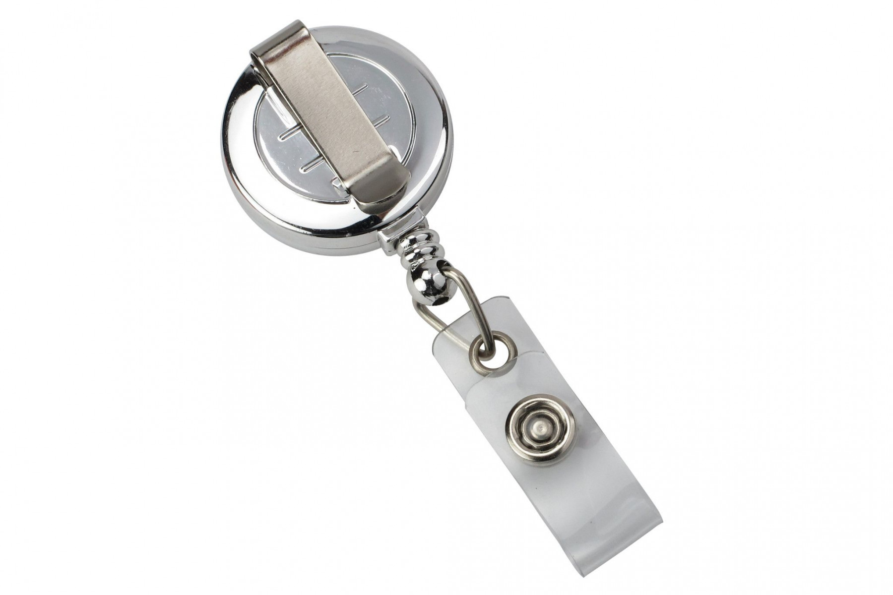 Chrome, Plastic Badge Reel with Clear Vinyl Strap & Belt Clip