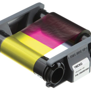 Evolis CBGR0100C YMCKO ribbons consist of yellow (Y), magenta (M) and cyan (C) panels for printing a full spectrum of colors by combining the colors using varying degrees of heat. The K panel is a black resin panel, typically used for printing text and barcodes and the O panel is a thin, clear protective overlay.