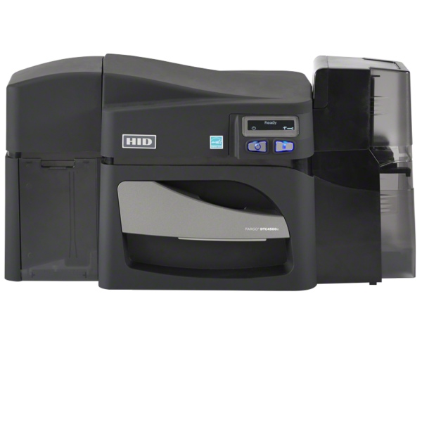 The Fargo 55110 DTC4500e ID card printer delivers high-volume performance with maximum security. Featuring ribbon options for varying needs, dual input hoppers, and built-in password protection, the Fargo DTC4500e card printer is designed for organizations that require robust, high-volume printing on a daily basis.