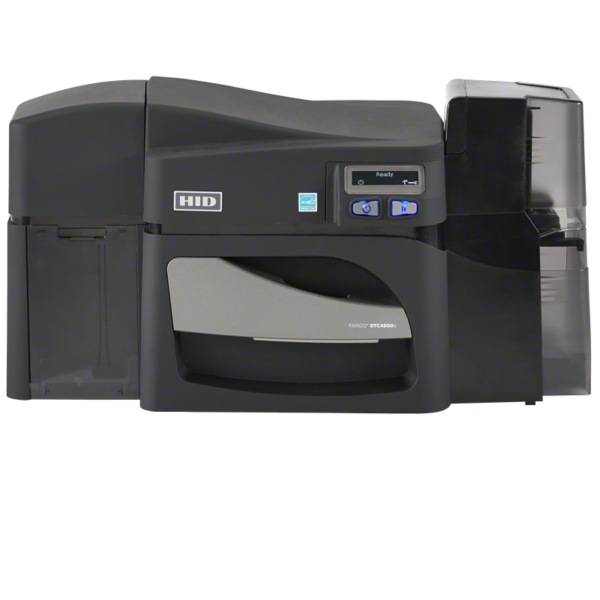The Fargo 55100 DTC4500e ID card printer delivers high-volume performance with maximum security. Featuring ribbon options for varying needs, dual input hoppers, and built-in password protection, the Fargo DTC4500e card printer is designed for organizations that require robust, high-volume printing on a daily basis.