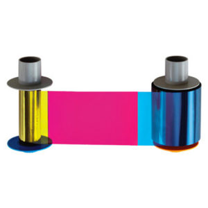 Fargo 84050 YMC dye-sublimation ribbons consist of yellow (Y), magenta (M) and cyan (C) panels for printing a full spectrum of colors by combining the colors using varying degrees of heat.