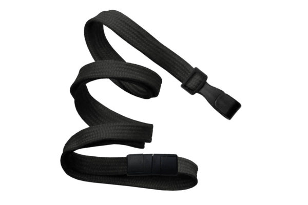 3/8'' Black Flat Braid Lanyard with Black Safety Breakaway & Wide Plastic Hook - 100 per pack