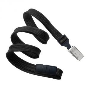 3/8” Black Flat Braid Lanyard with Black Safety Breakaway & Bulldog Clip – 100 per pack